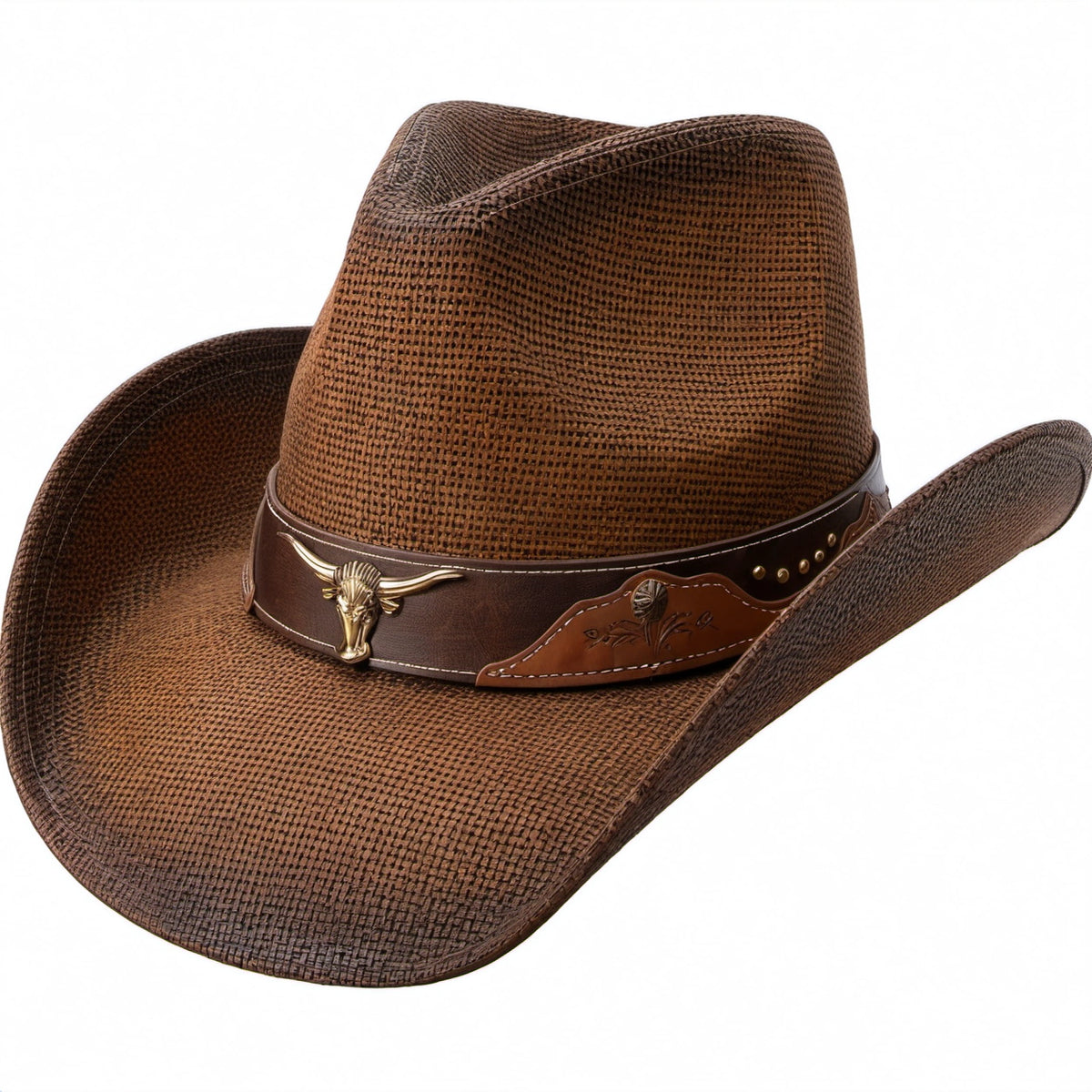 Unisex Cowboyhut Braun mit Stierkopf-Verzierung